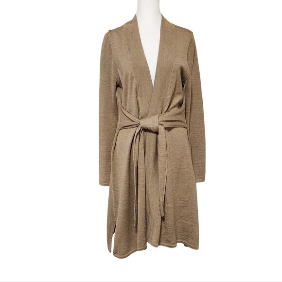 Tristan Long Belted Cardigan Tan Wool Blend Open Front Women's Size Medium - Picture 1 of 10